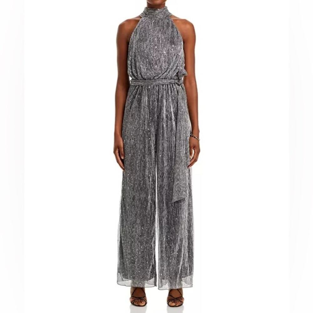 Eliza J Women's Metallic Tie-Waist Halter Jumpsuit Silver Sz 14 NWT